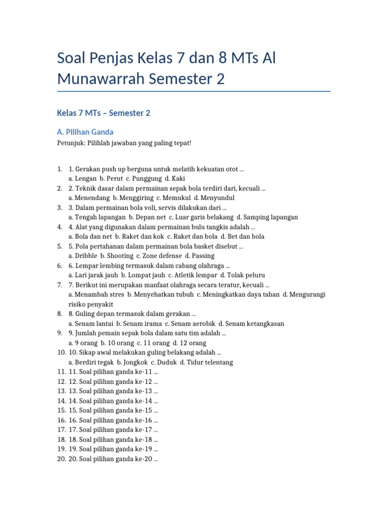 Soal Penjas Kelas 7 8 Semester 2 PDF Soal Penjas Kelas 7 8 Semester 2 PDF