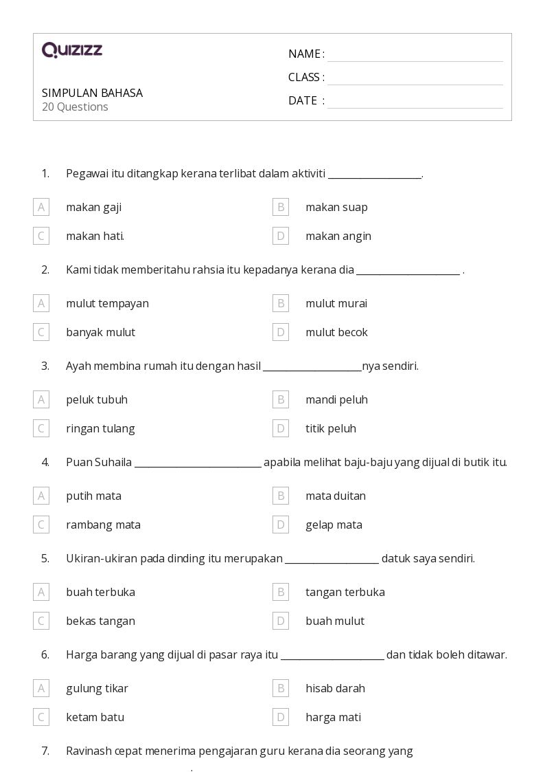 50 lembar kerja Bahasa untuk Kelas 4 di Quizizz Gratis Dapat Dicetak
