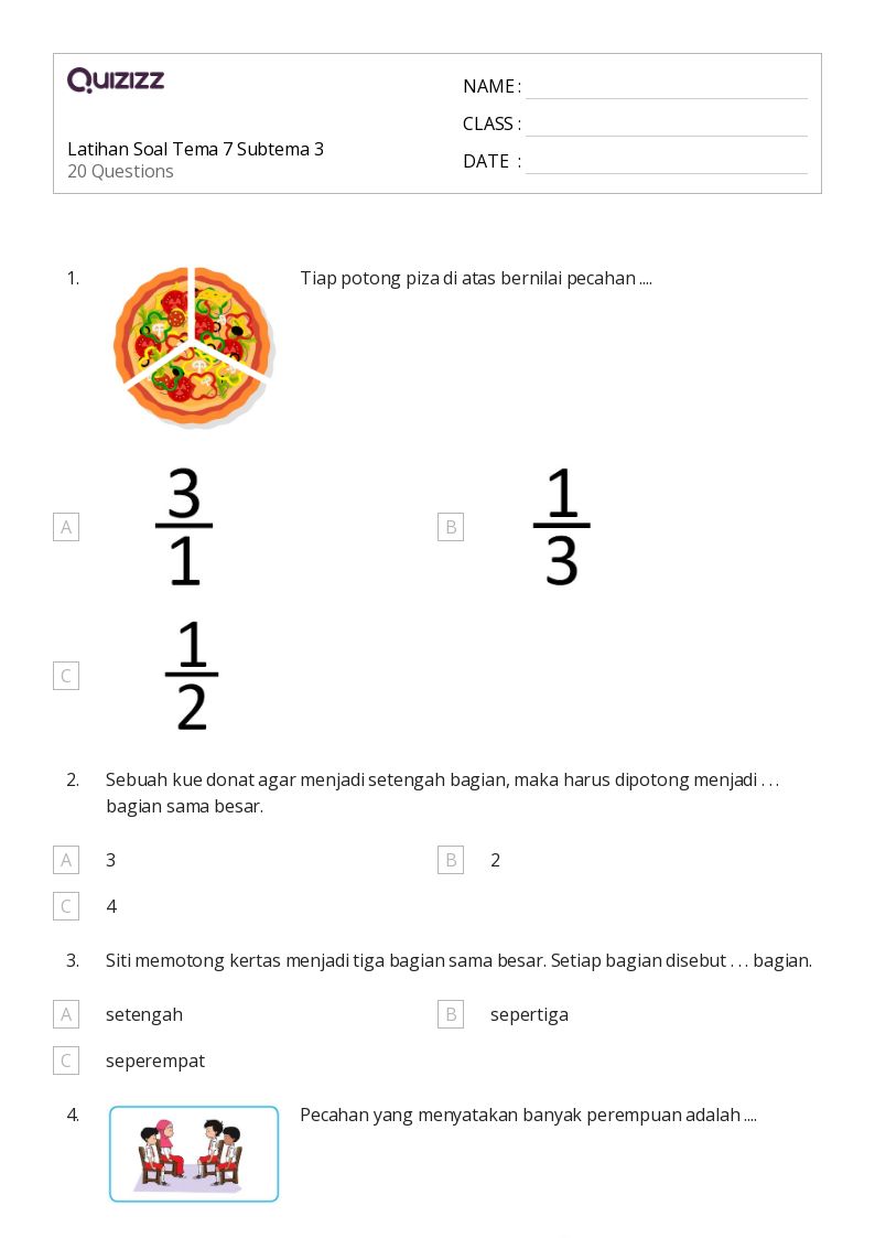 50 lembar kerja Soal Kata Pecahan untuk Kelas 2 di Quizizz Gratis