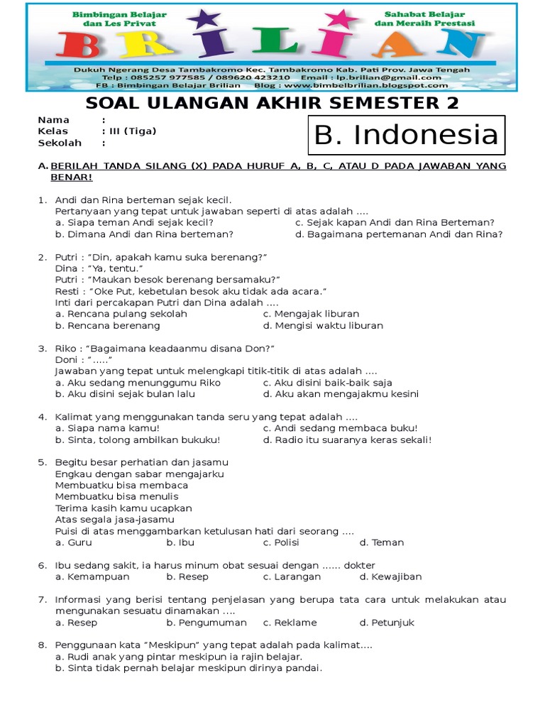 7 Rahasia Latihan Bahasa Indonesia Kelas 3 SD Semester 2 Soal PDF Agar Nilai Ujian Meroket 7 Rahasia Latihan Bahasa Indonesia Kelas 3 SD Semester 2 Soal PDF Agar Nilai Ujian Meroket
