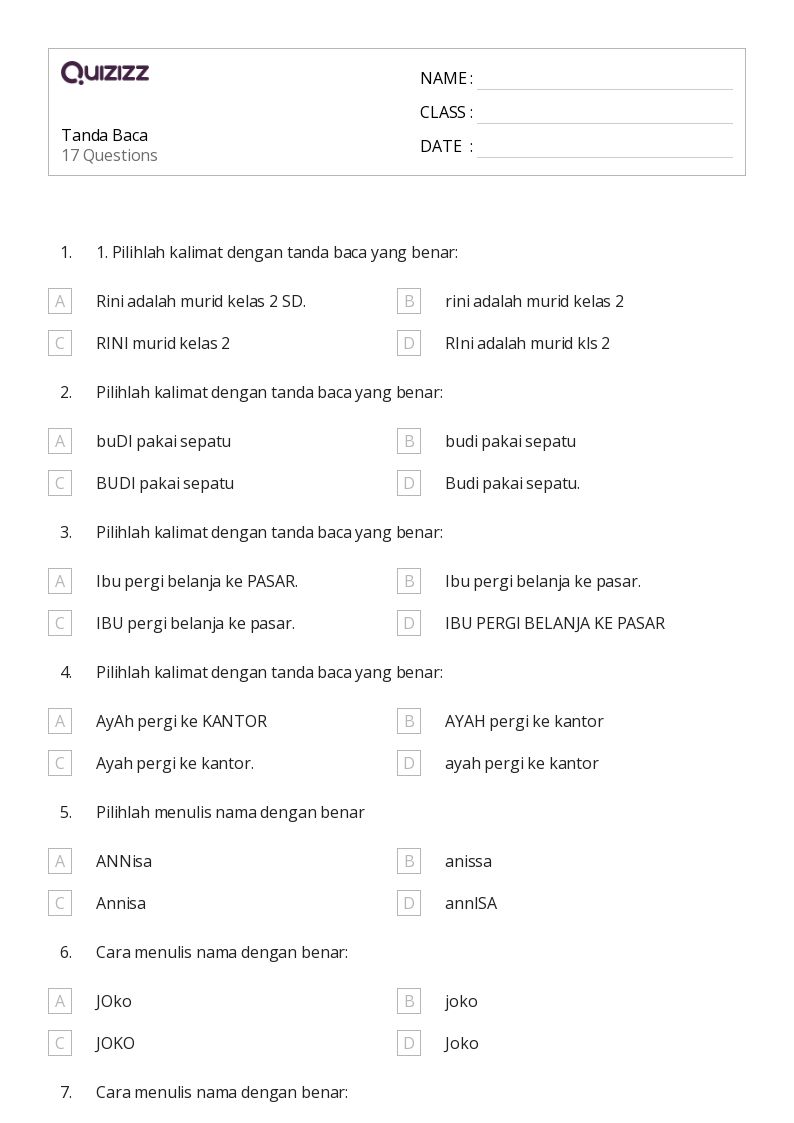 50 lembar kerja Kalimat Tanda baca untuk Kelas 3 di Quizizz Gratis