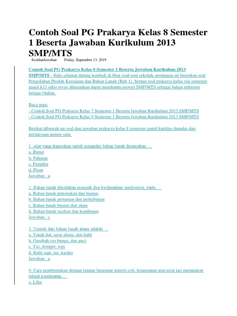 5 Soal PAS Prakarya Kelas 8 Semester 1 Kurikulum 2013 yang Wajib Kamu Kuasai 5 Soal PAS Prakarya Kelas 8 Semester 1 Kurikulum 2013 yang Wajib Kamu Kuasai