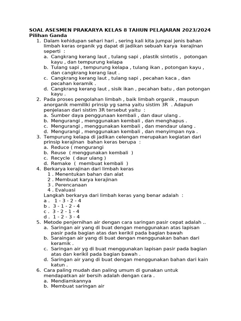 Soal Prakarya Kelas 8 Tahun 2023 2024 PDF Soal Prakarya Kelas 8 Tahun 2023 2024 PDF