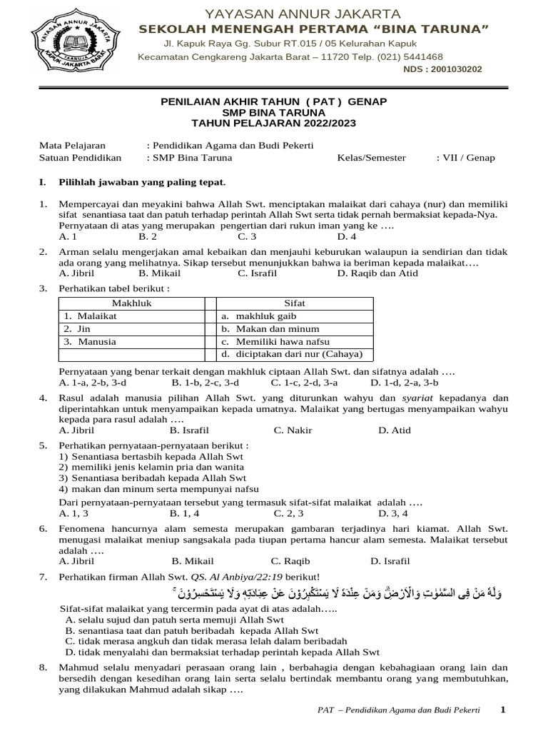 SOAL PAI KELAS 7 PAT GENAP 2023 PDF SOAL PAI KELAS 7 PAT GENAP 2023 PDF
