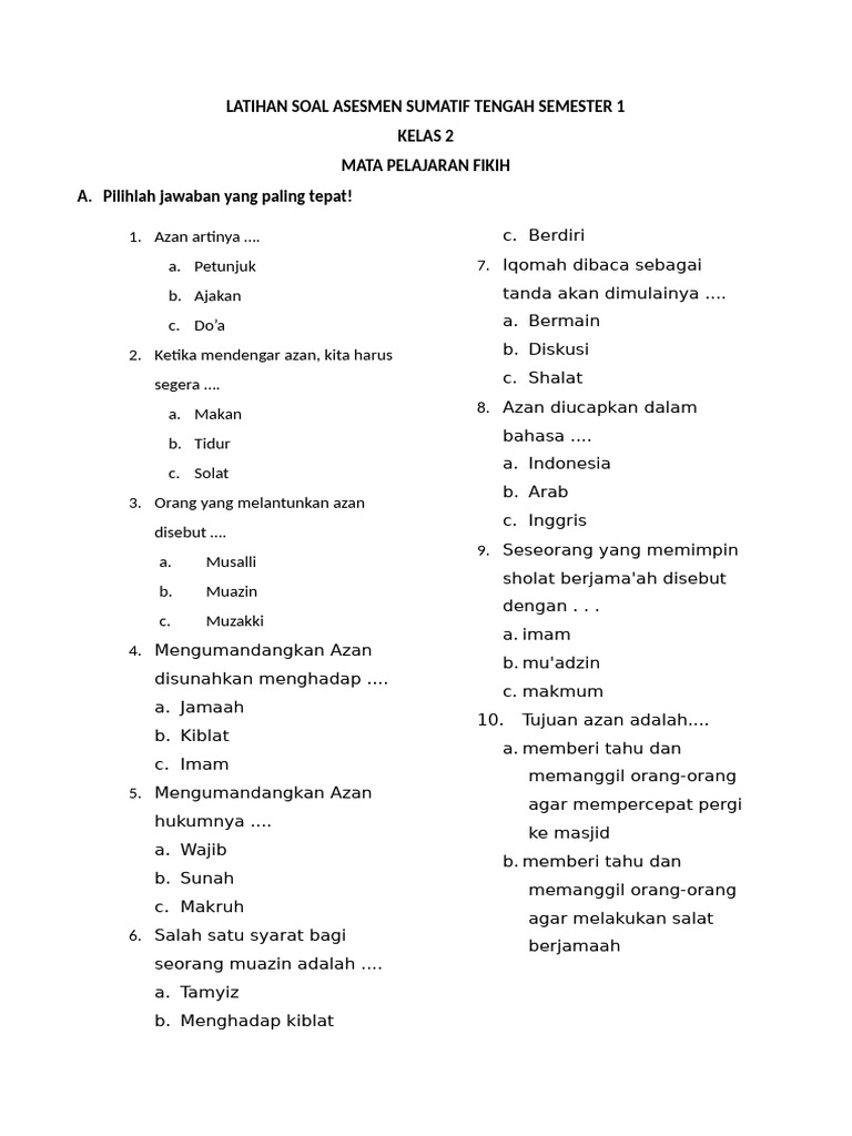 Soal Fiqih Kelas 2 Adzan dan Iqomah PDF Soal Fiqih Kelas 2 Adzan dan Iqomah PDF