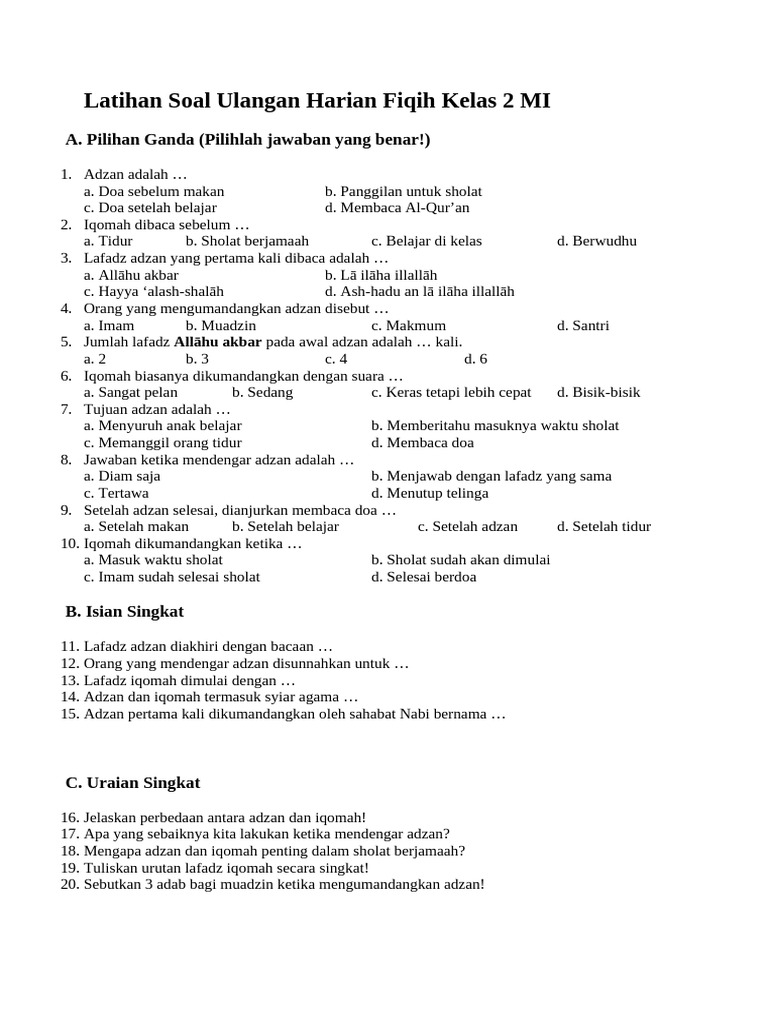 5 Soal Fiqih Kelas 2 Beserta Jawabannya yang Wajib Dikuasai Sebelum Ulangan Semester 1 5 Soal Fiqih Kelas 2 Beserta Jawabannya yang Wajib Dikuasai Sebelum Ulangan Semester 1