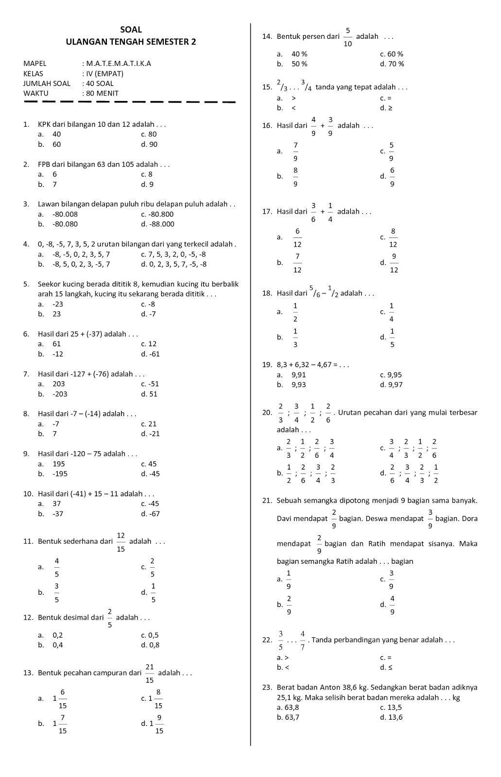 7 Bocoran Soal PTS Matematika Kelas 4 Semester 2 dan Kunci Jawaban yang Wajib Dikuasai 7 Bocoran Soal PTS Matematika Kelas 4 Semester 2 dan Kunci Jawaban yang Wajib Dikuasai