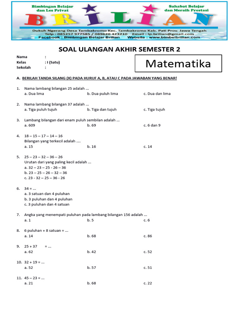 Soal UAS Matematika Kelas 1 SD PDF