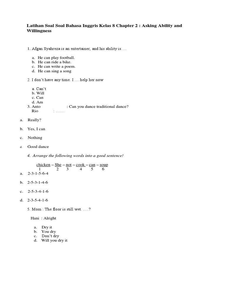 Soal Bahasa Inggris Kelas 8 Kemampuan dan Kesediaan PDF Language Soal Bahasa Inggris Kelas 8 Kemampuan dan Kesediaan PDF Language
