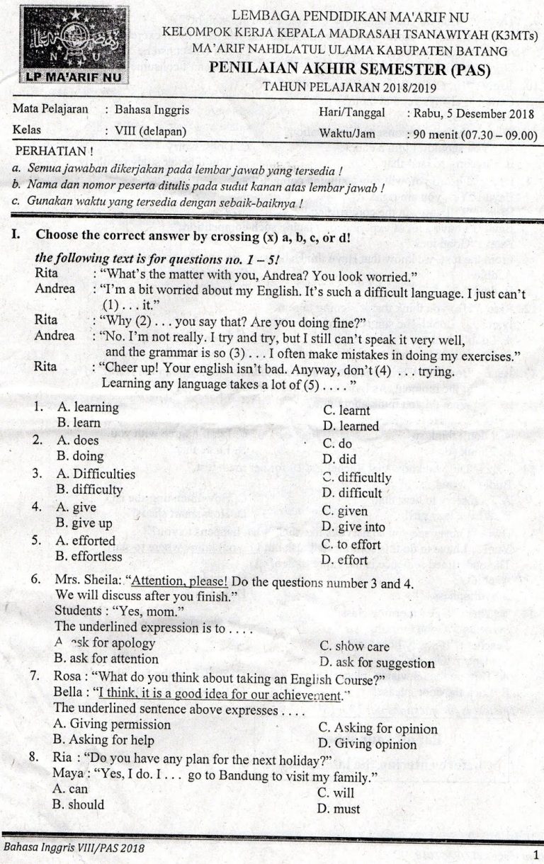Jangan Salah Pilih Latihan, Ini Contoh Soal Bahasa Inggris Kelas 8 Semester 2 dan Jawabannya yang Sering Muncul