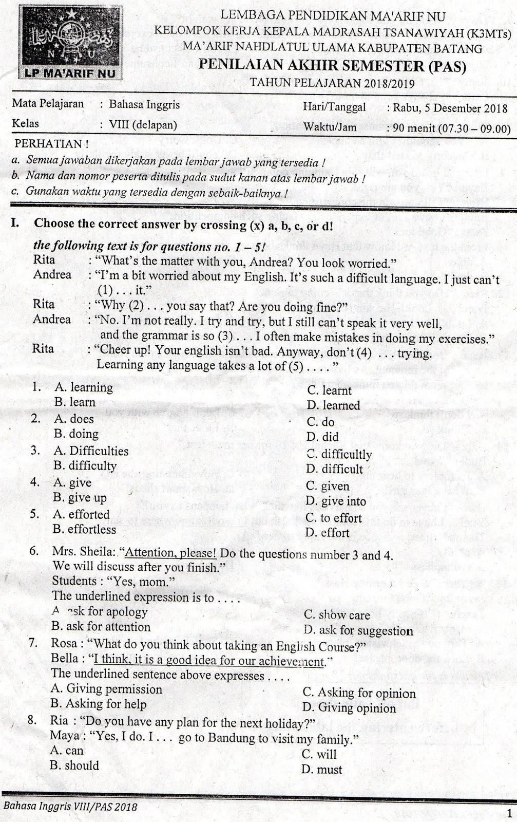 Jangan Salah Pilih Latihan, Ini Contoh Soal Bahasa Inggris Kelas 8 Semester 2 dan Jawabannya yang Sering Muncul