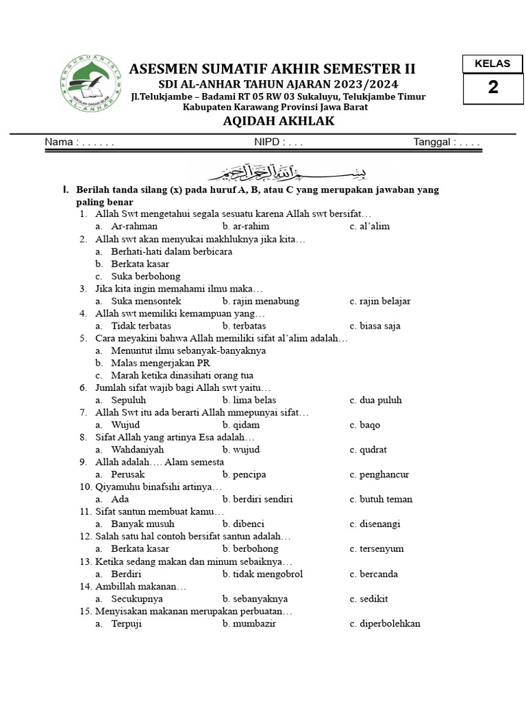 Rahasia Lulus Ujian Soal Aqidah Akhlak Kelas 2 Semester 2 Ternyata Sangat Mudah
