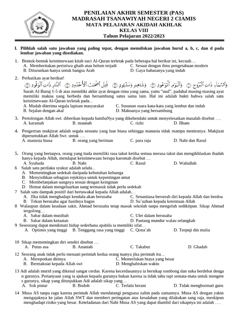 Rahasia Skor Sempurna Bocoran Soal Aqidah Akhlak Kelas 8 Semester 2 yang Wajib Tahu