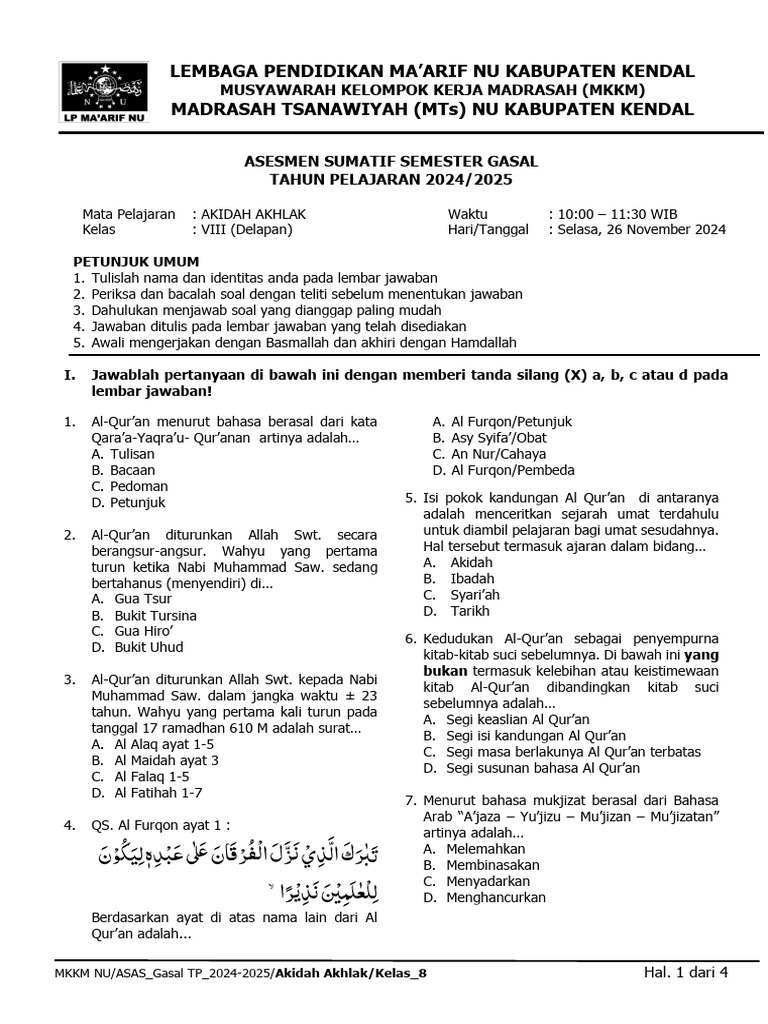 Wajib Tahu! Bocoran Soal Aqidah Akhlak Kelas 8 Semester 2 dan Kunci Jawabannya Terbaru Wajib Tahu! Bocoran Soal Aqidah Akhlak Kelas 8 Semester 2 dan Kunci Jawabannya Terbaru