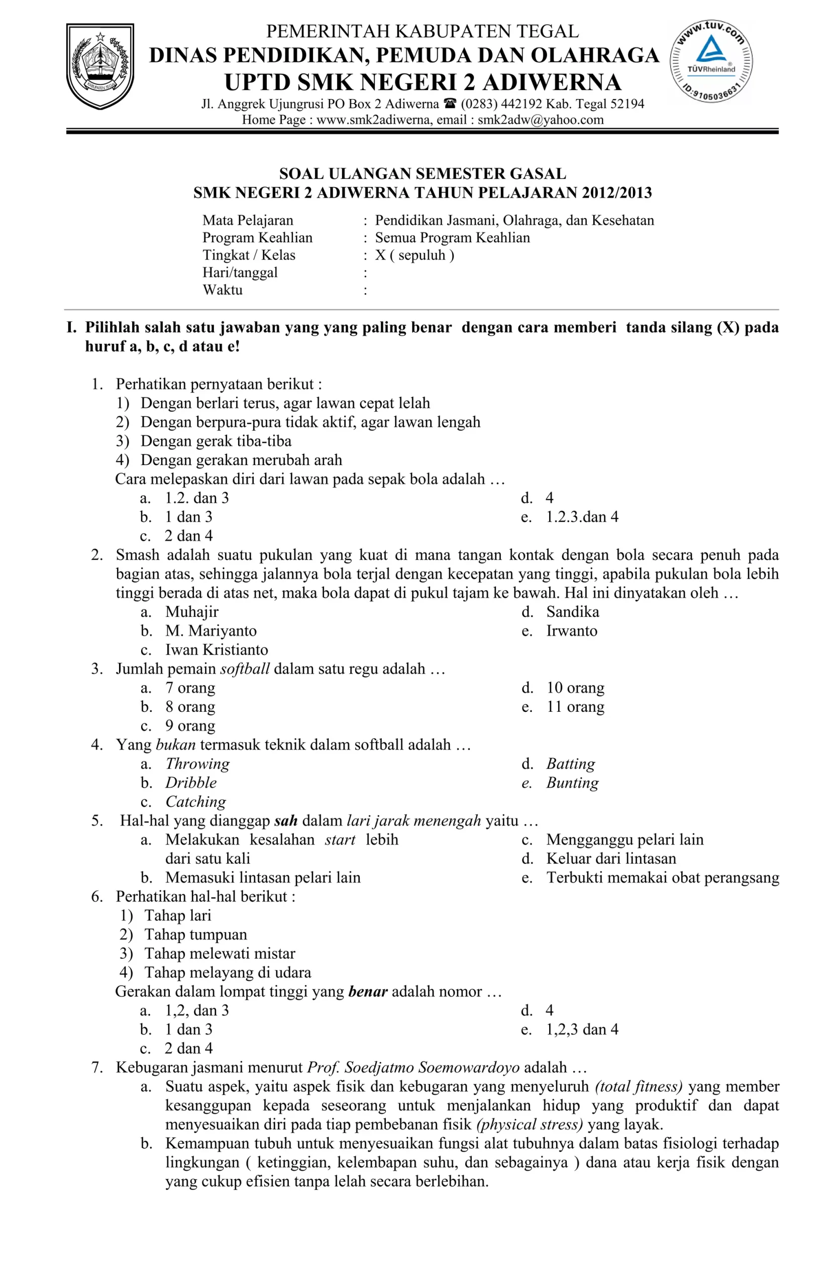 Wajib Tahu! Ini Contoh Soal dan Jawaban Ujian Penjaskes Kelas X Semester 2 Terbaru