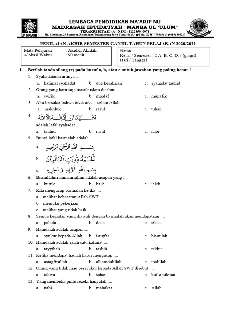 Wajib Tahu Jawaban Soal Aqidah Akhlak Kisah Alkomah Kelas 2 SD Semester 1 Terbaru
